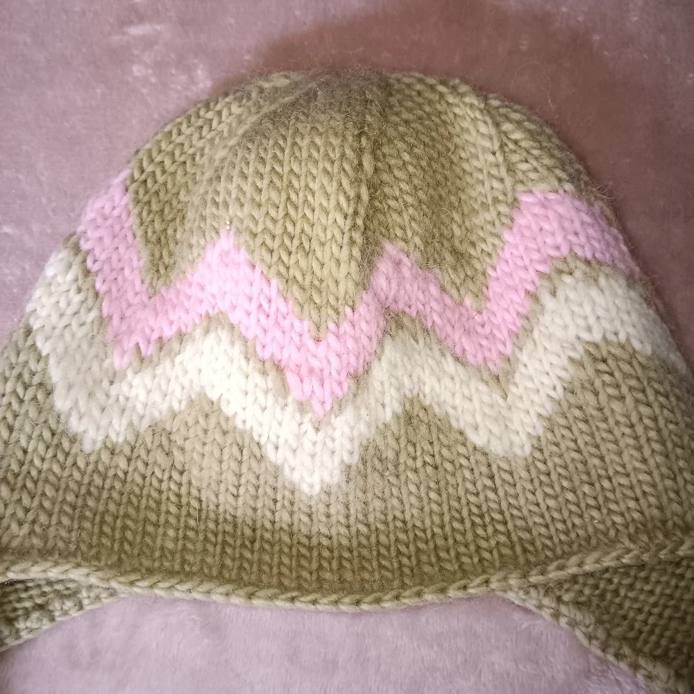 Burton 100% Wool Knit Child's Tan Pink Cream Winter Hat With Braids OSFA